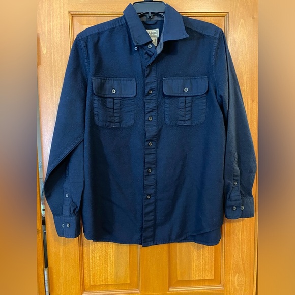 L.L. Bean Shirt Mens Large Navy Blue 100% Wool Long Sleeve Pockets Vintage - Picture 1 of 8